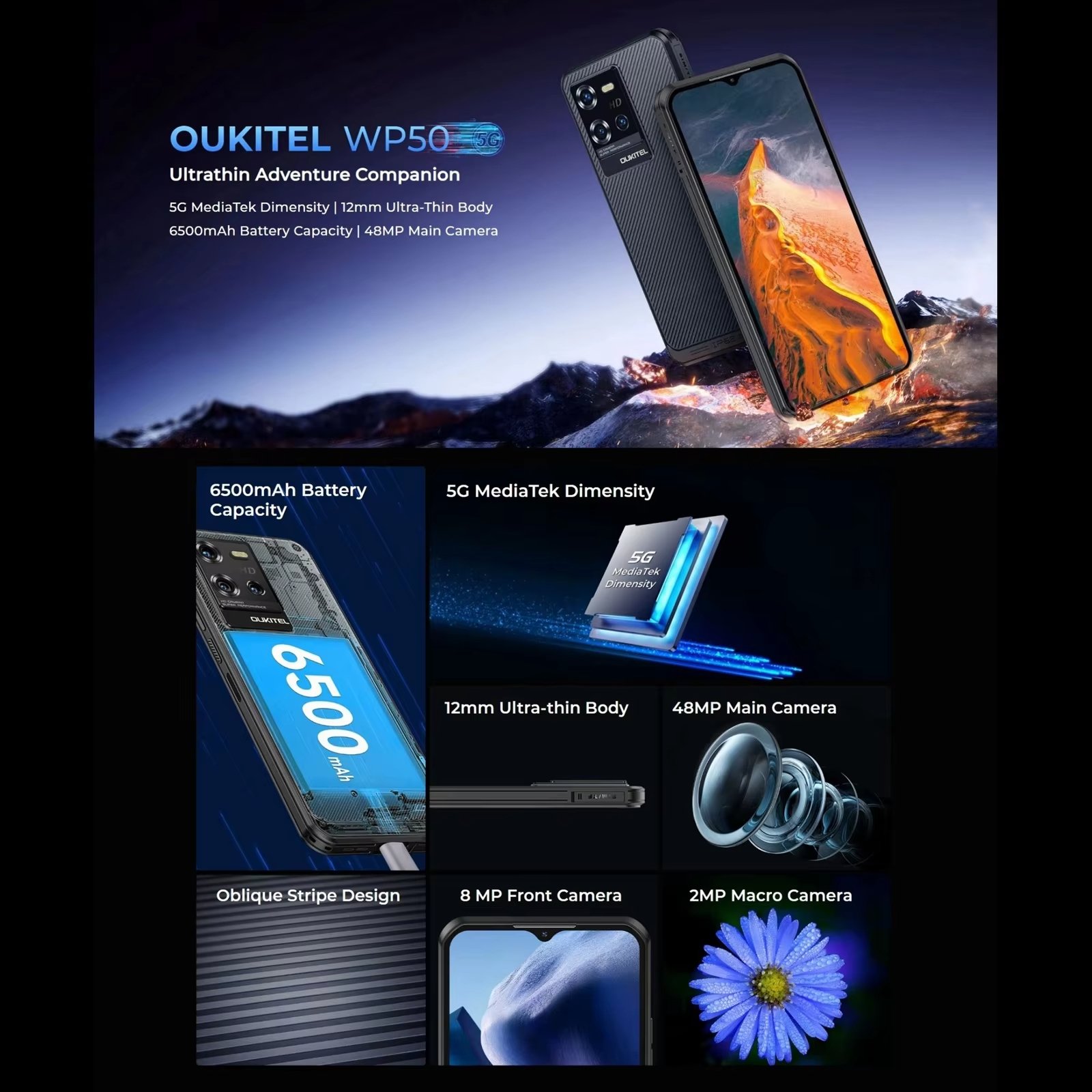 Global Version Oukitel WP50 5G Rugged Smartphone 6.60" HD+ 6500mAh 12GB+256GB Mobile Phone Android 14 48 MP NFC Cell Phone