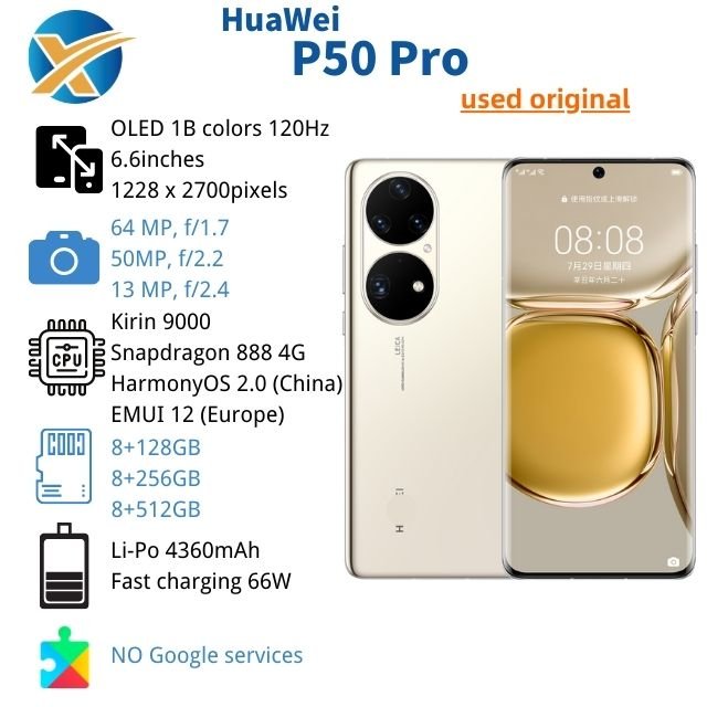 Original Huawei P50 Pro 4g JAD-AL50 JAD-LX9 Harmonyos 2 8gb+512gb China Version Smartphone used mobile phones