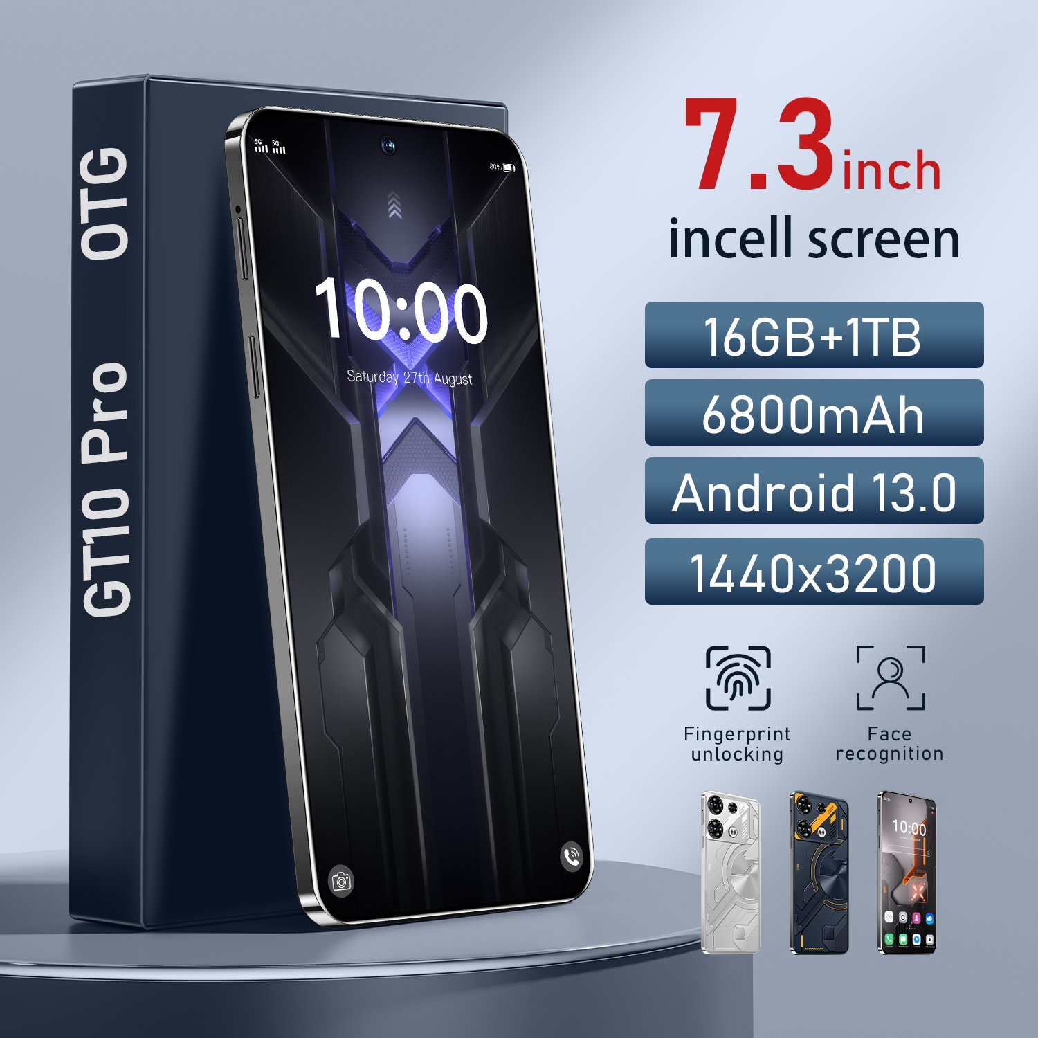 New Coming GT10 Pro Android Phones 7.3 Inch Big Screen 5G 16GB+1TB Dual Sim Used Mobile Phones