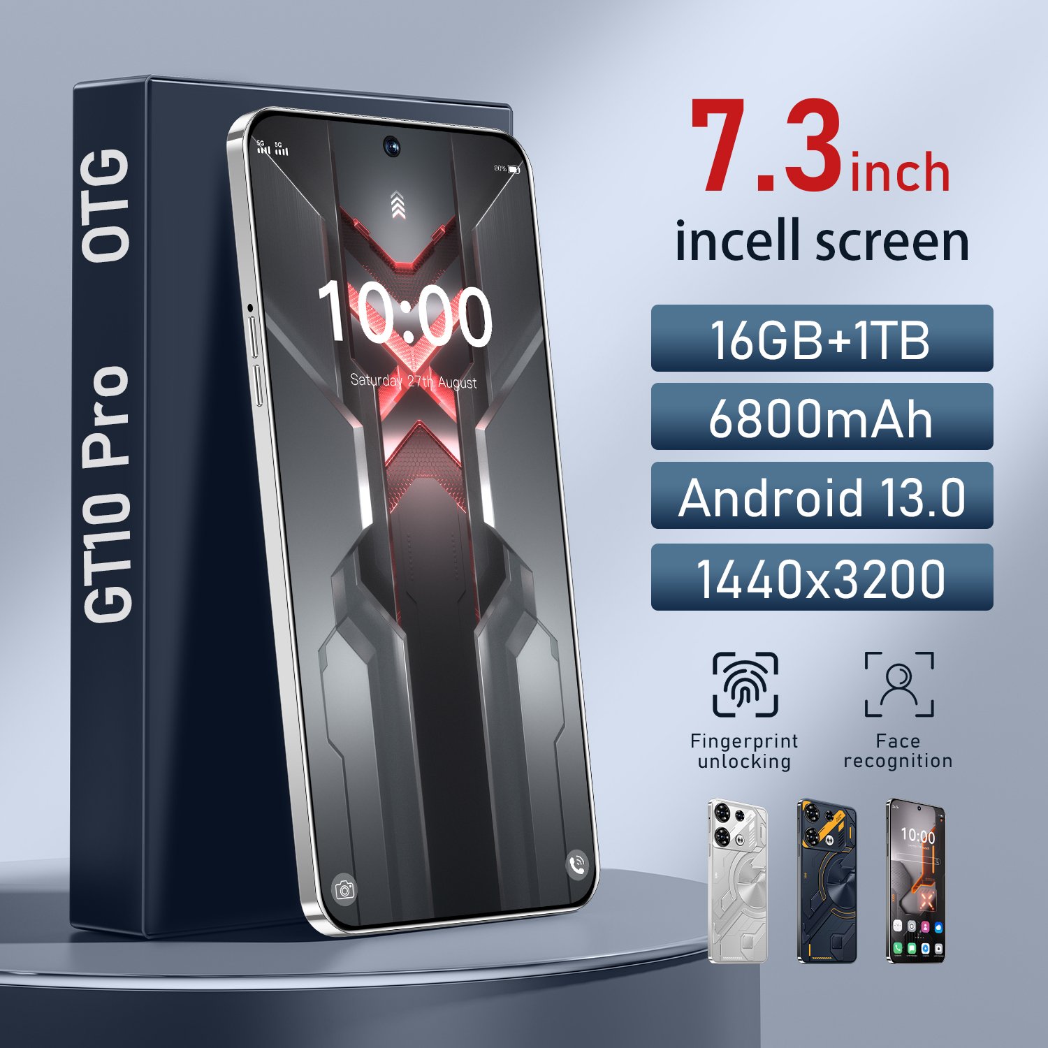 New Coming GT10 Pro Android Phones 7.3 Inch Big Screen 5G 16GB+1TB Dual Sim Used Mobile Phones