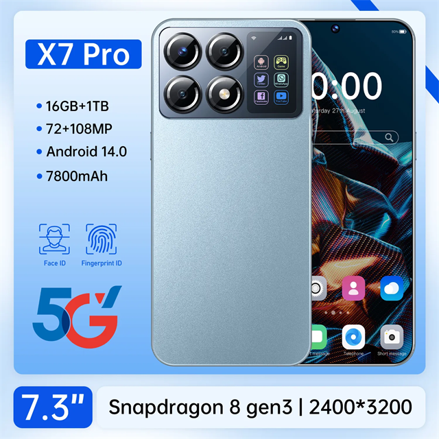 2024 New Cheap Price 7.3 Big Screen 7800mah Battery Dual Sim Card Gaming Cell Phone X7pro 16gb+1tb 5g Android 14 Smartphone