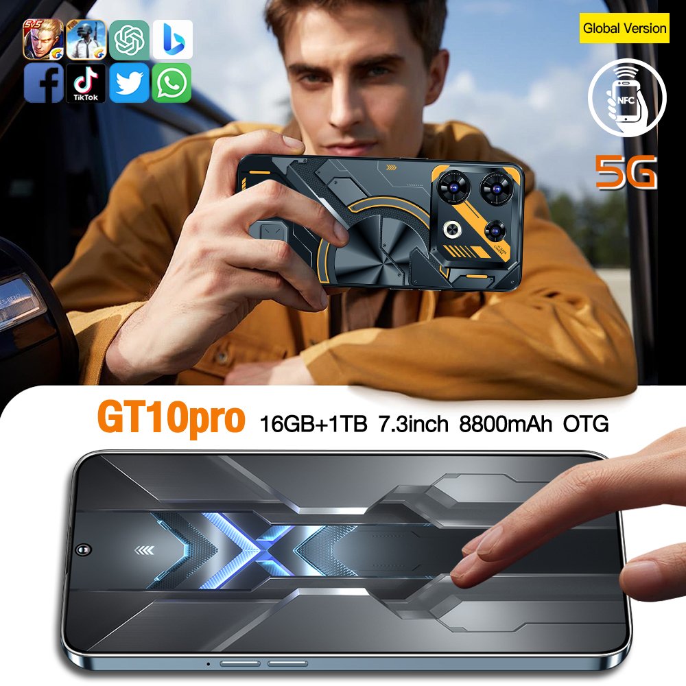 New Coming GT10 Pro Android Phones 7.3 Inch Big Screen 5G 16GB+1TB Dual Sim Used Mobile Phones