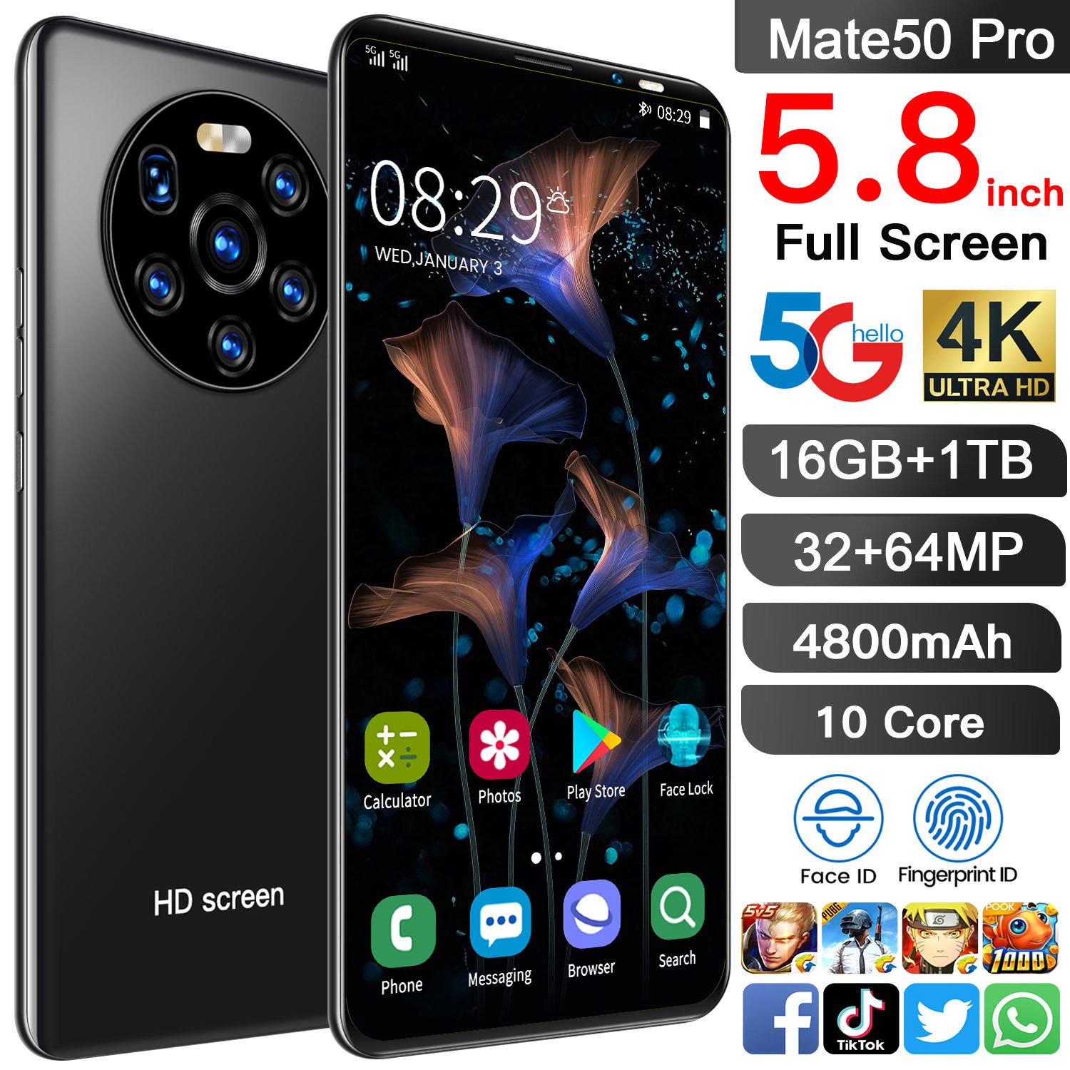 2024 New Gaming Mate50 Pro 5.8 "1+8G Android Smartphone Mobile Phone Cases Original