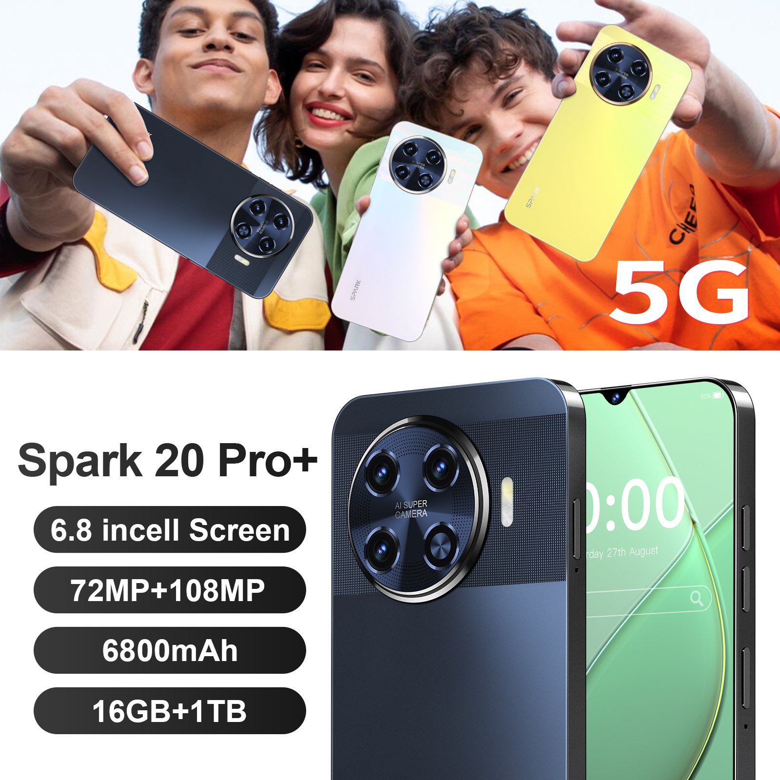 Brand New tecno spark 20 pro Original Phone HD+ 5g smartphone plus10-core 5g network 5000mah Android14.0 16GB+1TB mobile phone