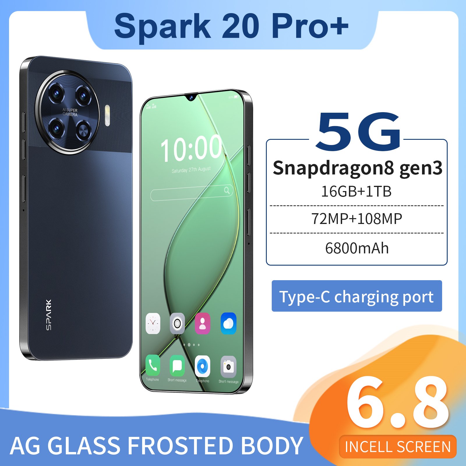 Brand New tecno spark 20 pro Original Phone HD+ 5g smartphone plus10-core 5g network 5000mah Android14.0 16GB+1TB mobile phone
