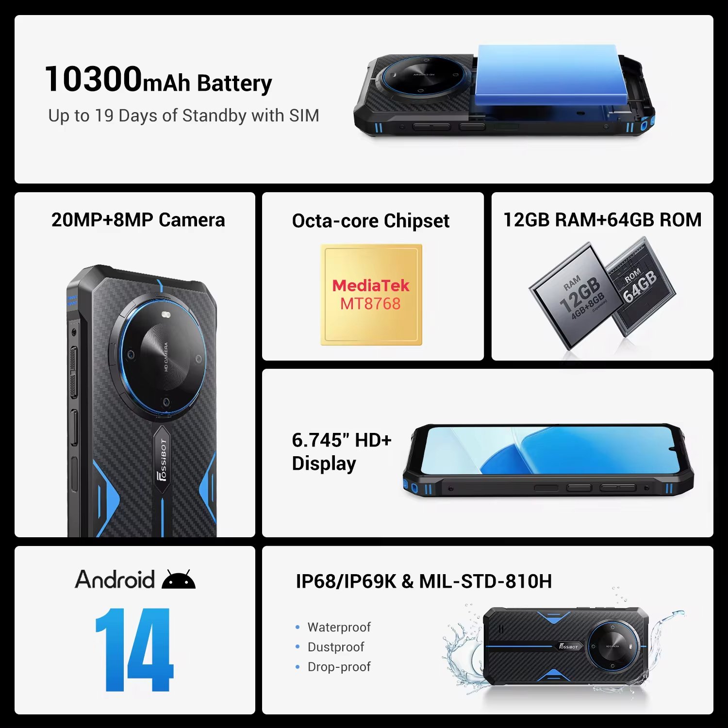 FOSSiBOT F105 Mobile Phones 3g&4g smartphone 6.745" smart phone 5g smartphone 4GB+64GB 20MP 10300mAh Android 14 Rugged Phone