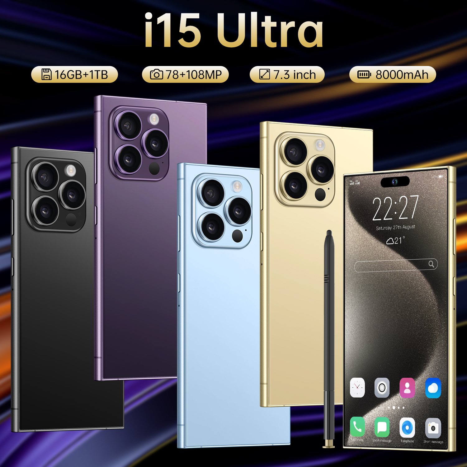 Best Selling original I15 ULTRA 16GB+1TB 7.3 Inch 5G Smartphone 72MP+108MP Android 14 Cell Phone Unlocked Gaming Mobile Phones