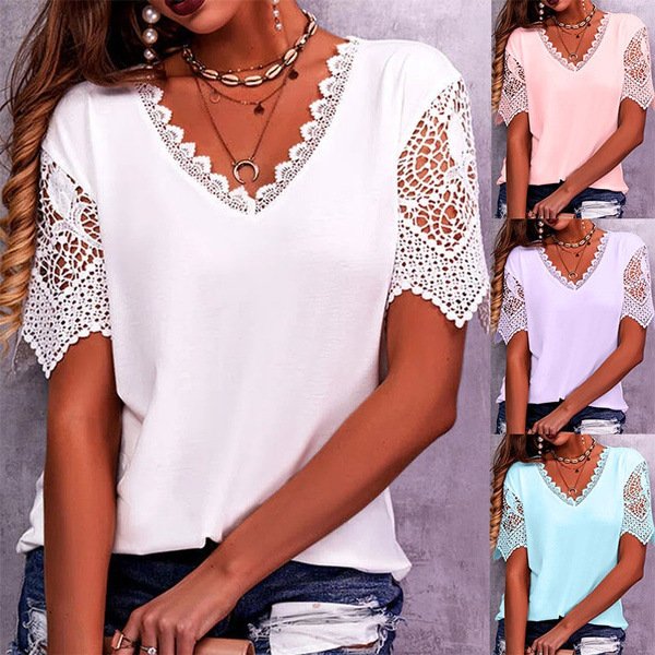 2023 European and American women's t-shirt hot products lace stitching loose V-neck short-sleeved T-shirt