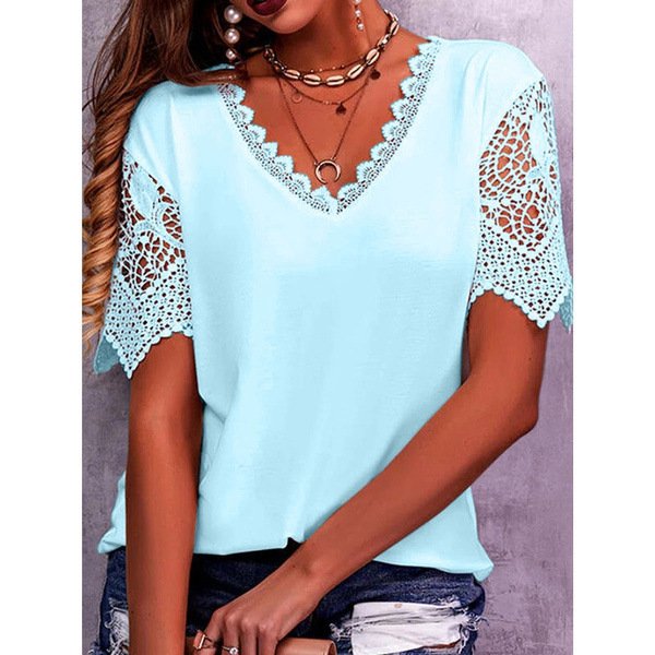 2023 European and American women's t-shirt hot products lace stitching loose V-neck short-sleeved T-shirt