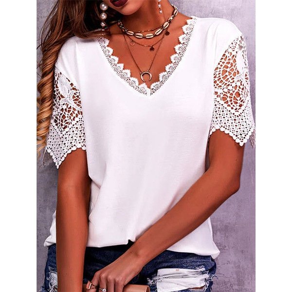 2023 European and American women's t-shirt hot products lace stitching loose V-neck short-sleeved T-shirt