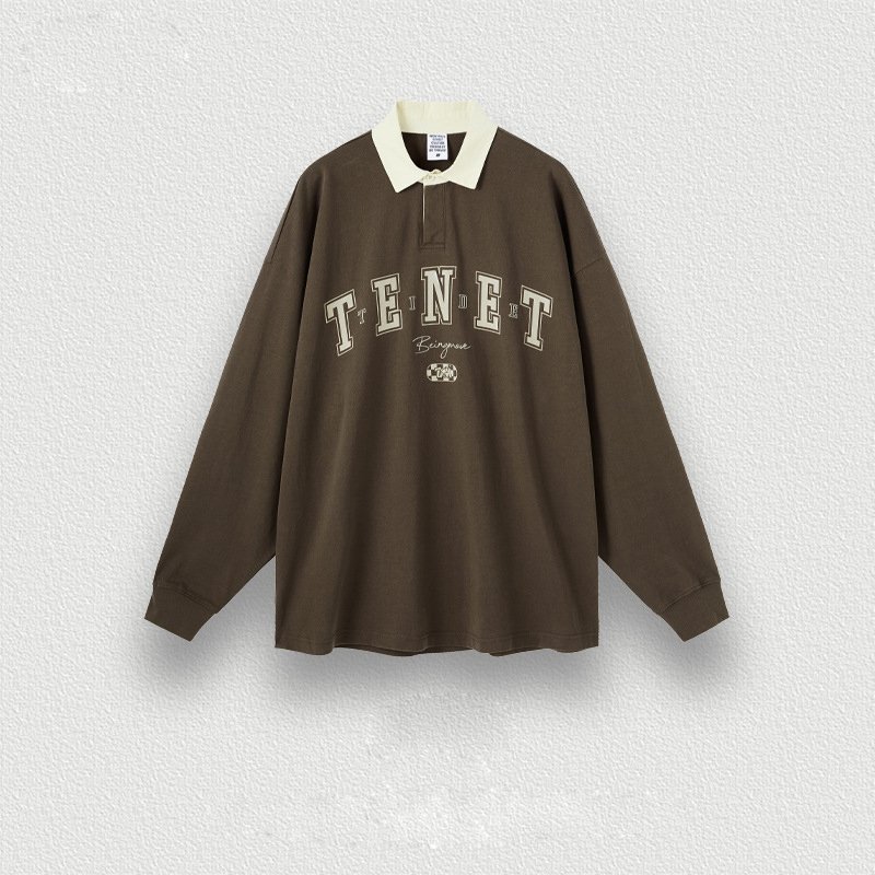 OEM 100% cotton heavy weight pullover long sleeve custom flocking print logo polo shirt
