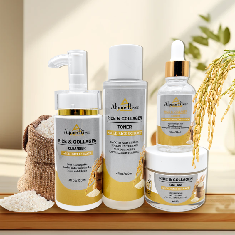 Private Label Luxury Natural Vitamin E Skin Whitening Exfoliating Anti-Aging Skin Care Products Organic Rice Skin Care Set