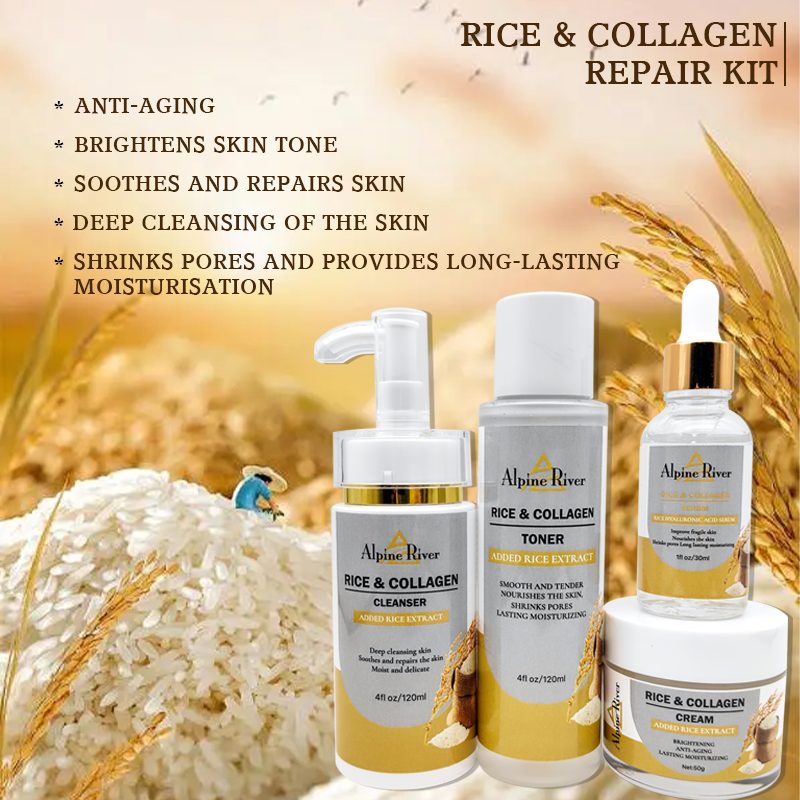 Private Label Luxury Natural Vitamin E Skin Whitening Exfoliating Anti-Aging Skin Care Products Organic Rice Skin Care Set