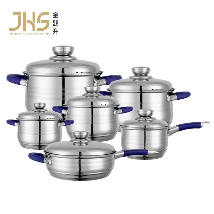 Juego de 12 piezas Juego de ollas de acero inoxidable quirurgico con mango verde de silicona para el hogar