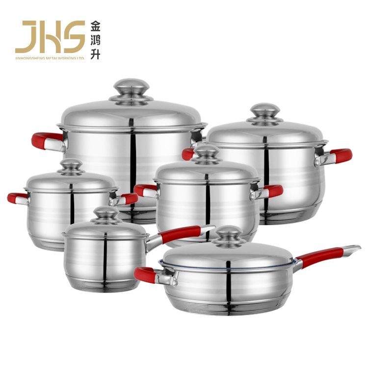 Juego de 12 piezas Juego de ollas de acero inoxidable quirurgico con mango verde de silicona para el hogar