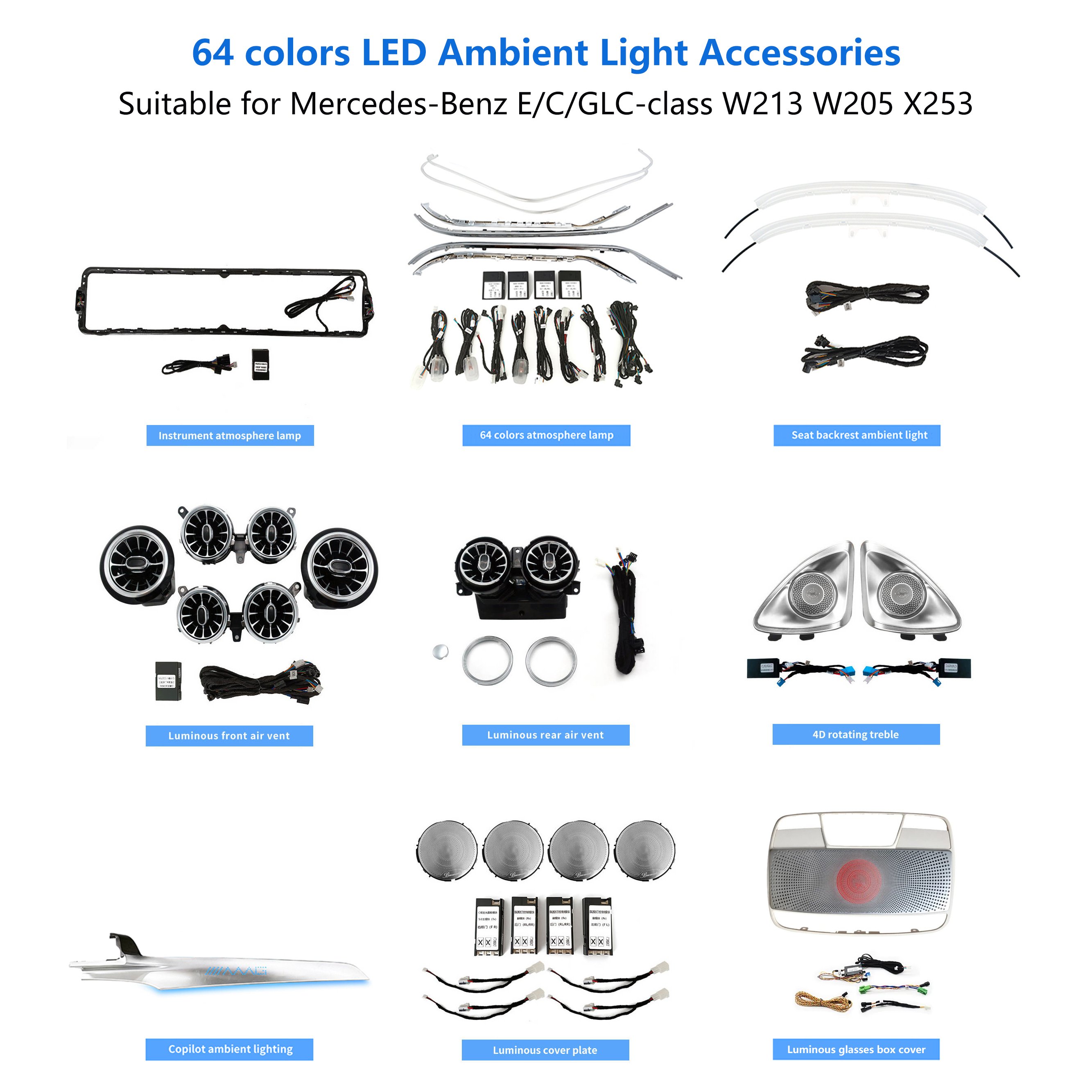 Full Set W205 Ambient Light Accessories Rotary Tweeter Luminous Turbine Vent Car Door Speaker Cover For Mercedes-Benz C-Class
