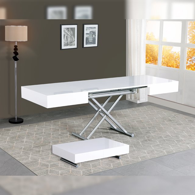 Minimalist House Furniture Lifting Metal Frame High Gloss White Dining Table For Apartments