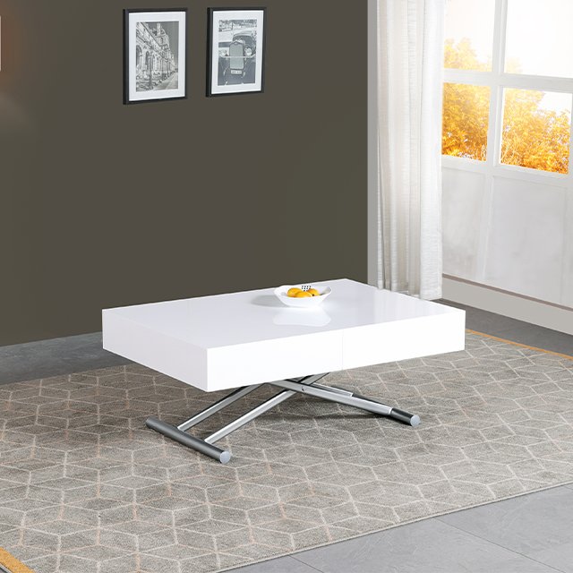 Minimalist House Furniture Lifting Metal Frame High Gloss White Dining Table For Apartments