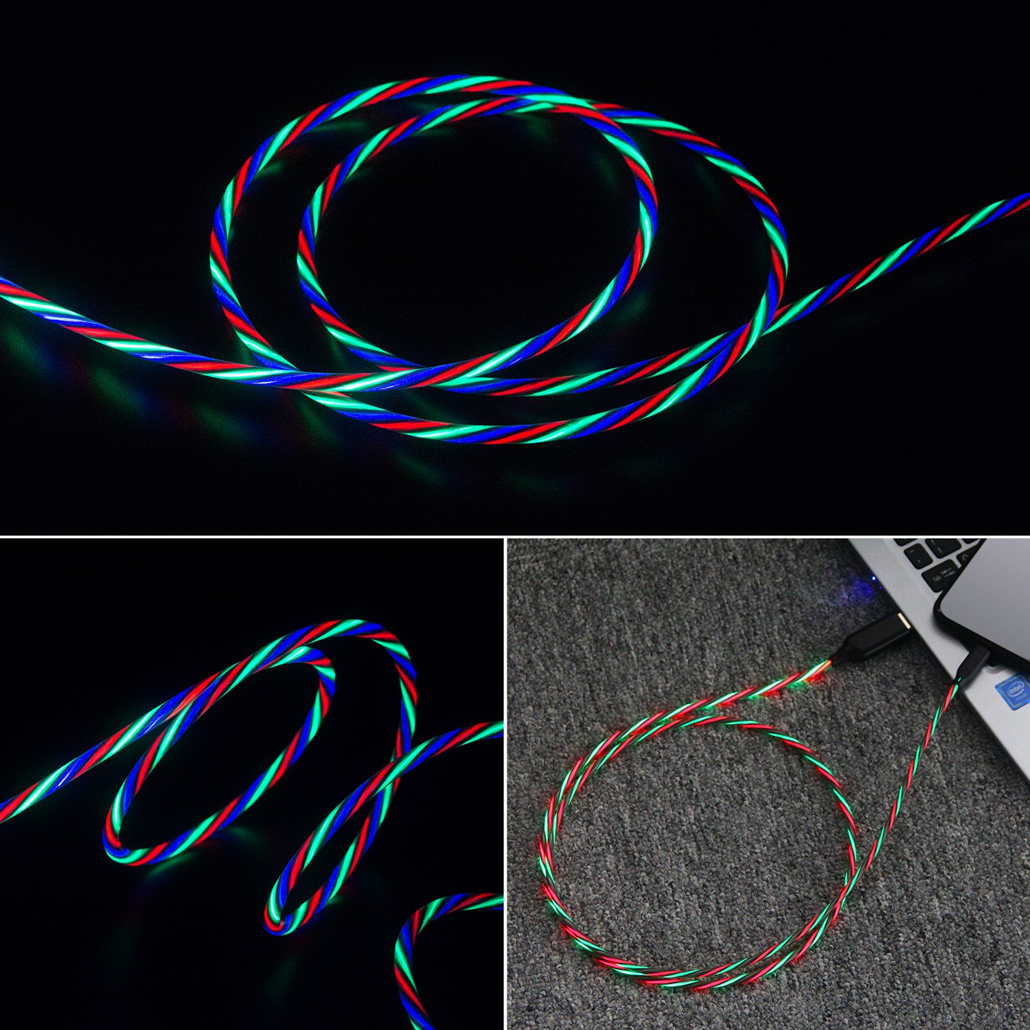 Hot sale 3 in 1 Fast Charging USB Cable Flowing Light Phone Accessories Led Luminous Type C Micro Lighting Data Cables