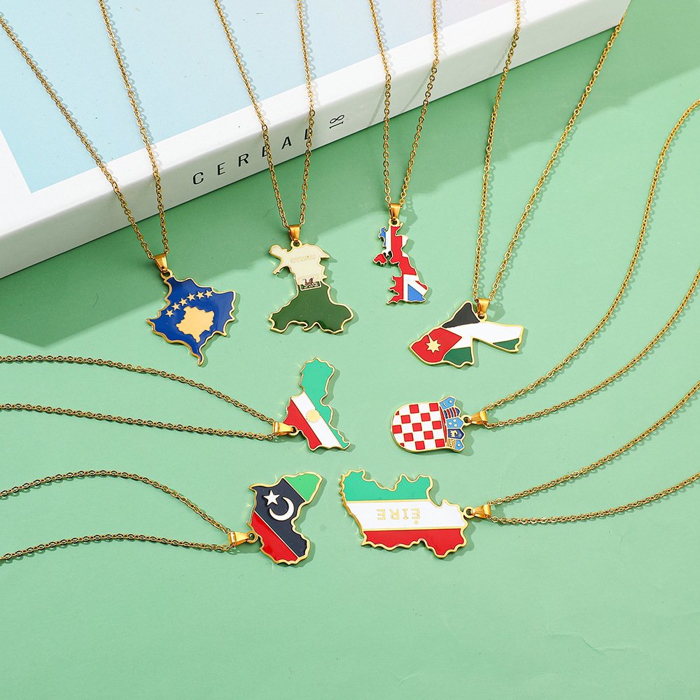 Factory World Countries Map Flag Charm Chain Necklace Stainless Steel Silver 18K Gold Plated National Flag Pendant Necklace