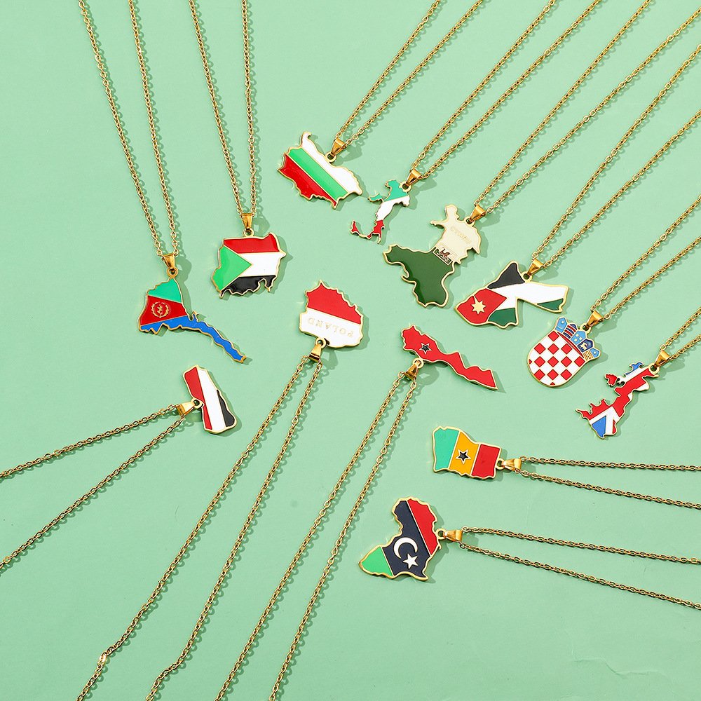 Factory World Countries Map Flag Charm Chain Necklace Stainless Steel Silver 18K Gold Plated National Flag Pendant Necklace
