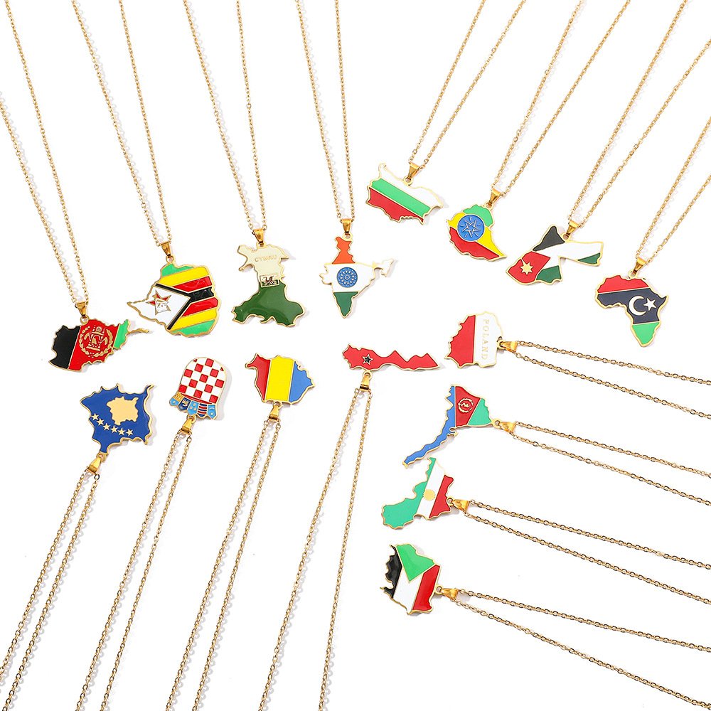 Factory World Countries Map Flag Charm Chain Necklace Stainless Steel Silver 18K Gold Plated National Flag Pendant Necklace