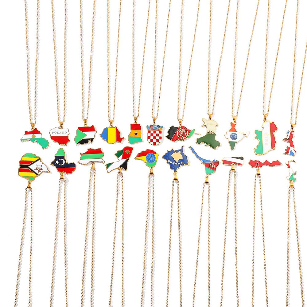 Factory World Countries Map Flag Charm Chain Necklace Stainless Steel Silver 18K Gold Plated National Flag Pendant Necklace