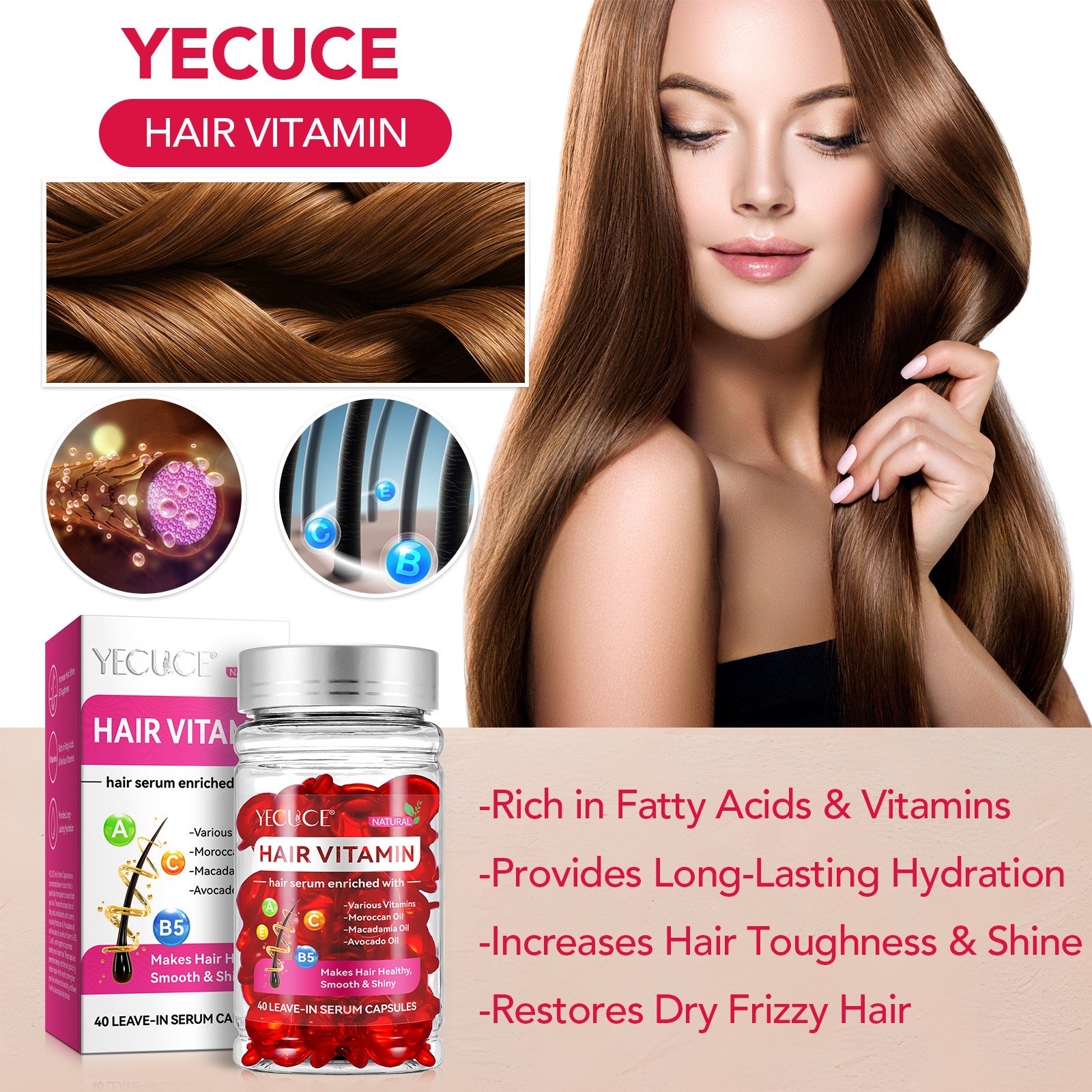 Wholesale 40 Leave-in No Rinse Hair Vitamin Serum Capsules Hair Treatment Serum Oil Capsules With Moroccan Macadamia Avocado Oil