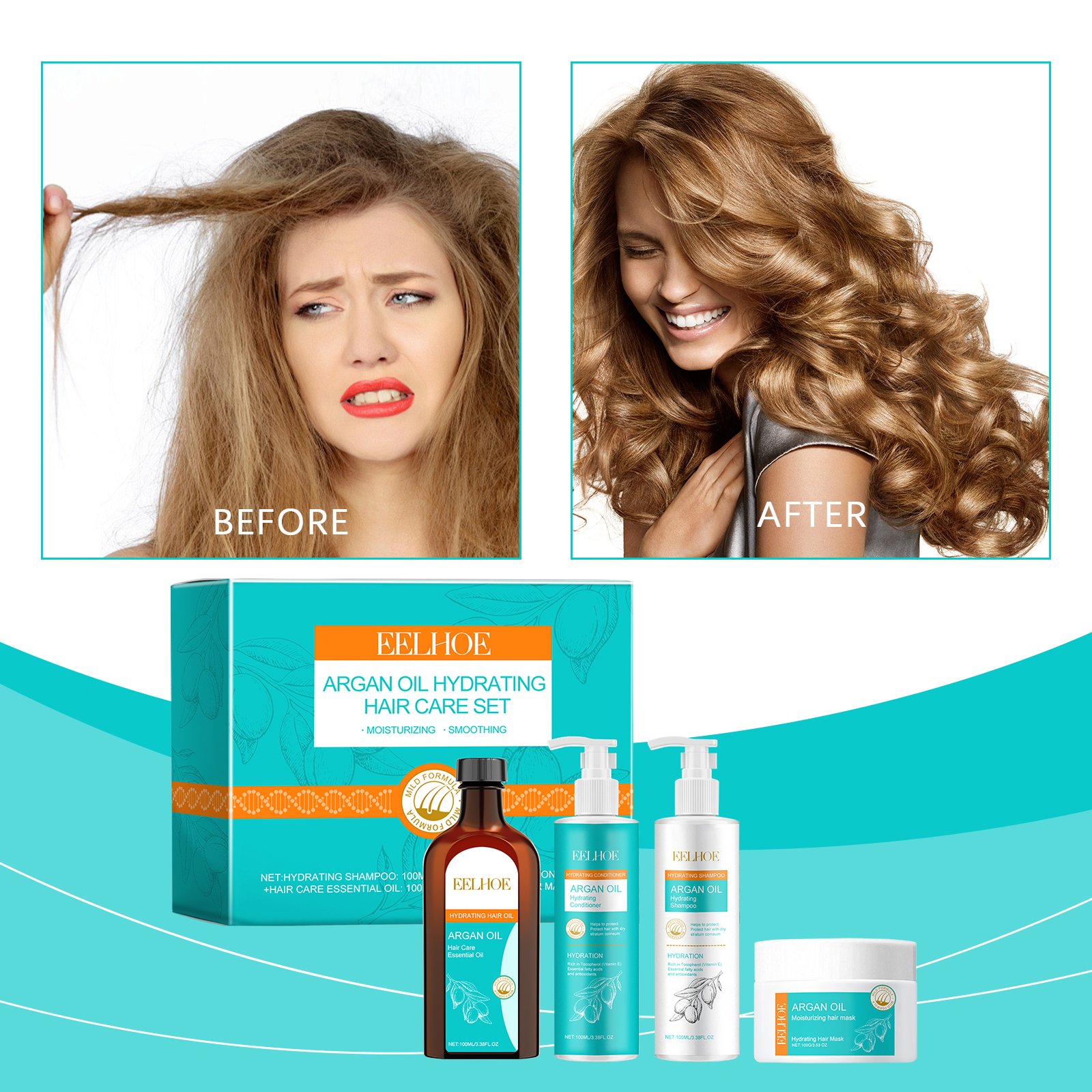 EELHOE Private Label Hair Care Set Argan Oil Hair Care Sets Products Smoothing Natural Hair Care Sets