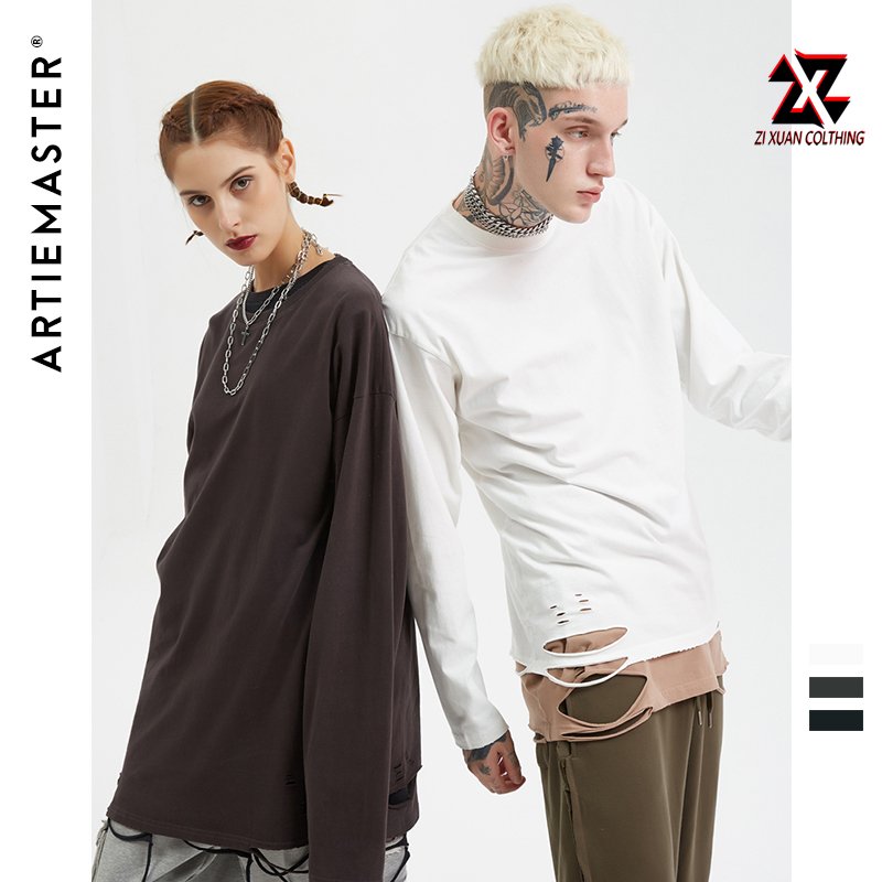100% Cotton Oversized Unisex T Shirt Wholesale No Label T Shirts Heavyweight Streetwear Long Sleeve