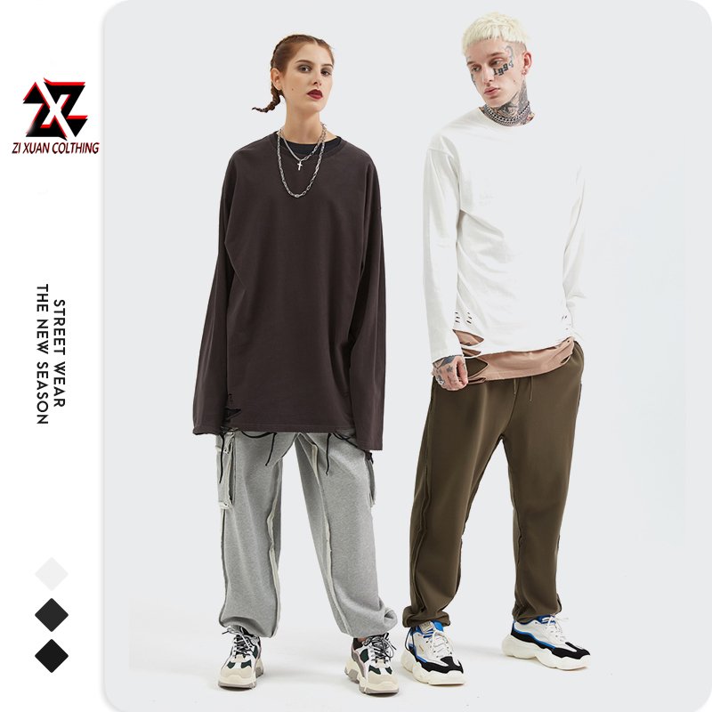 100% Cotton Oversized Unisex T Shirt Wholesale No Label T Shirts Heavyweight Streetwear Long Sleeve