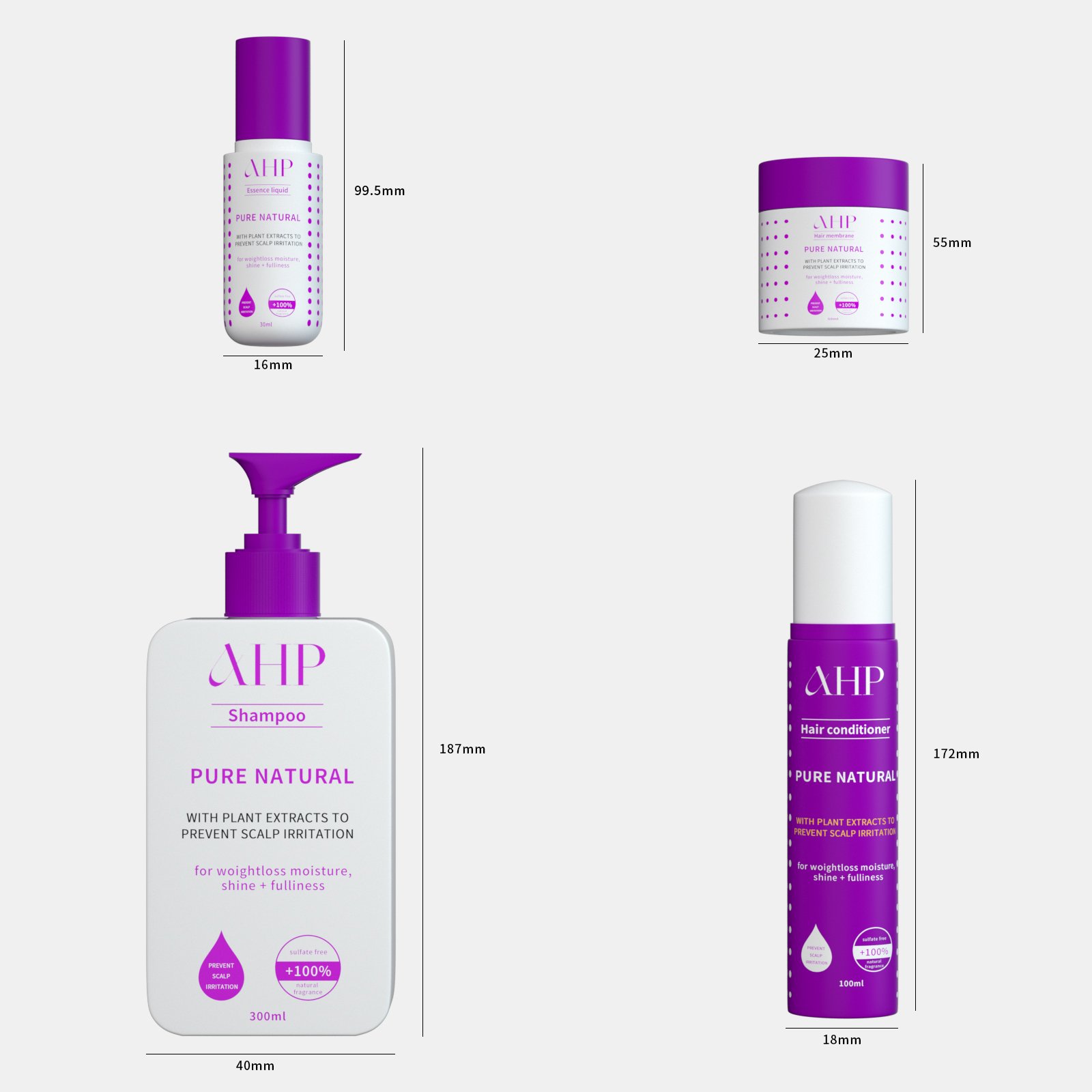 ODM OEM plastic toiletries bottle 30ml 50ml 100ml purple hair care oil bottle set with free design for luxury hair products