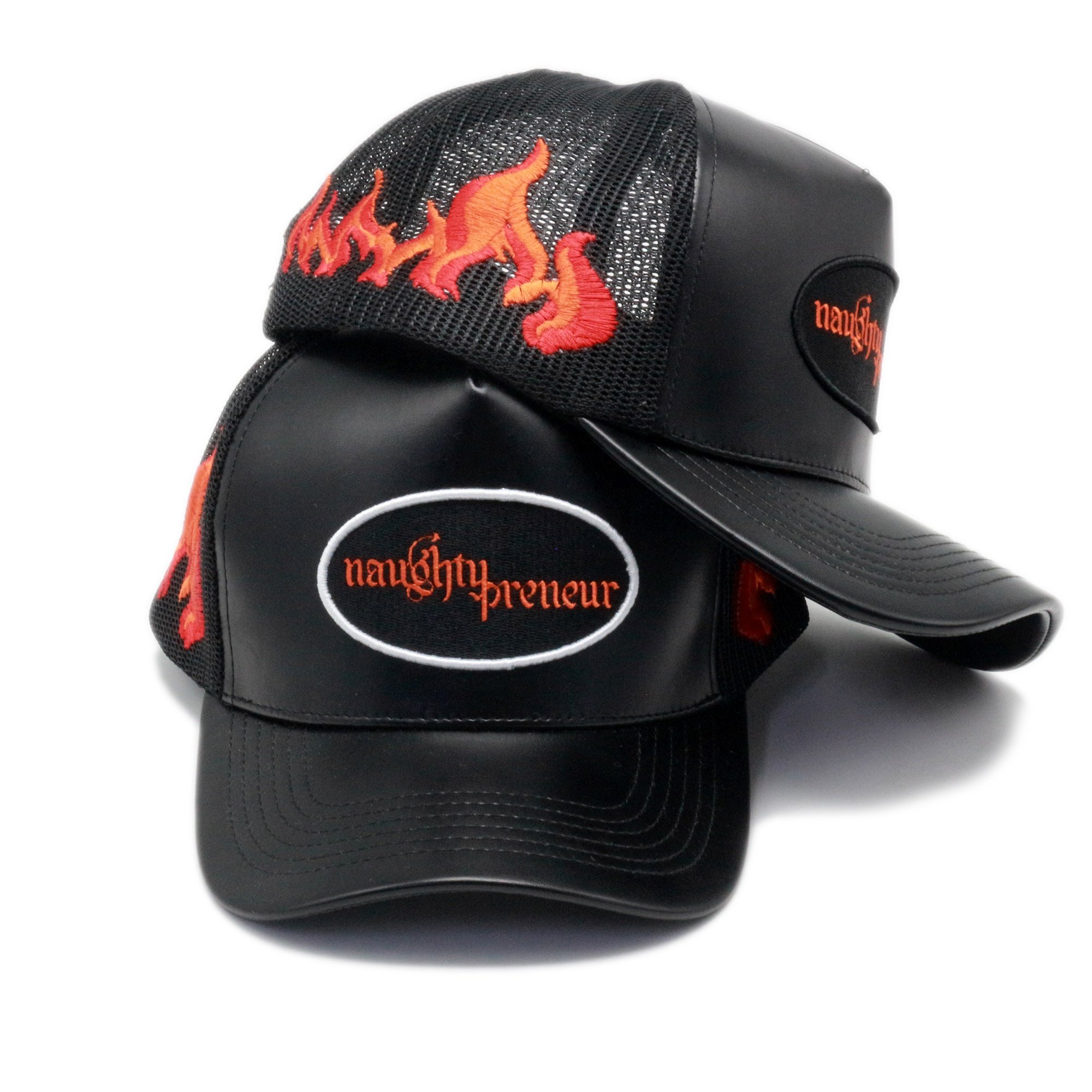 popular Small batch customization of unisex Pu leather mesh cap trucker hat cap with flame pattern