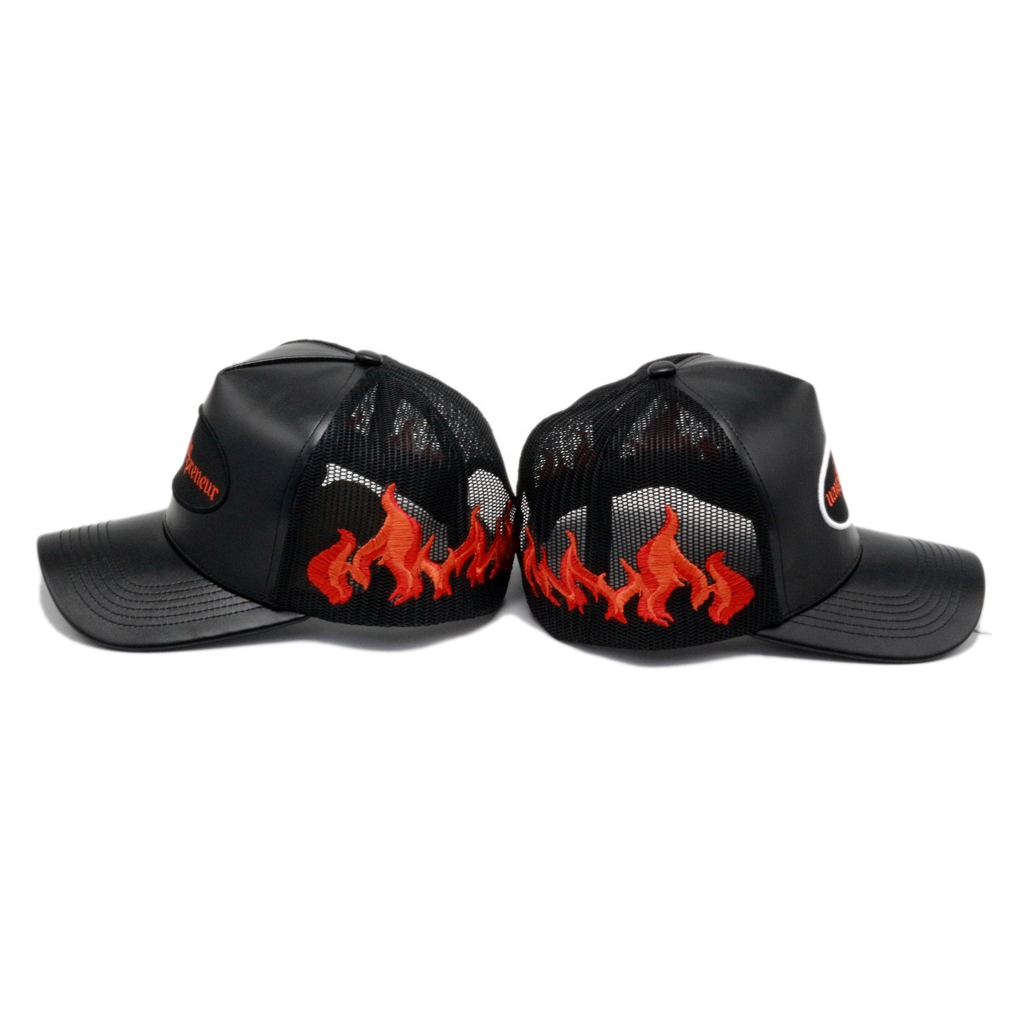popular Small batch customization of unisex Pu leather mesh cap trucker hat cap with flame pattern