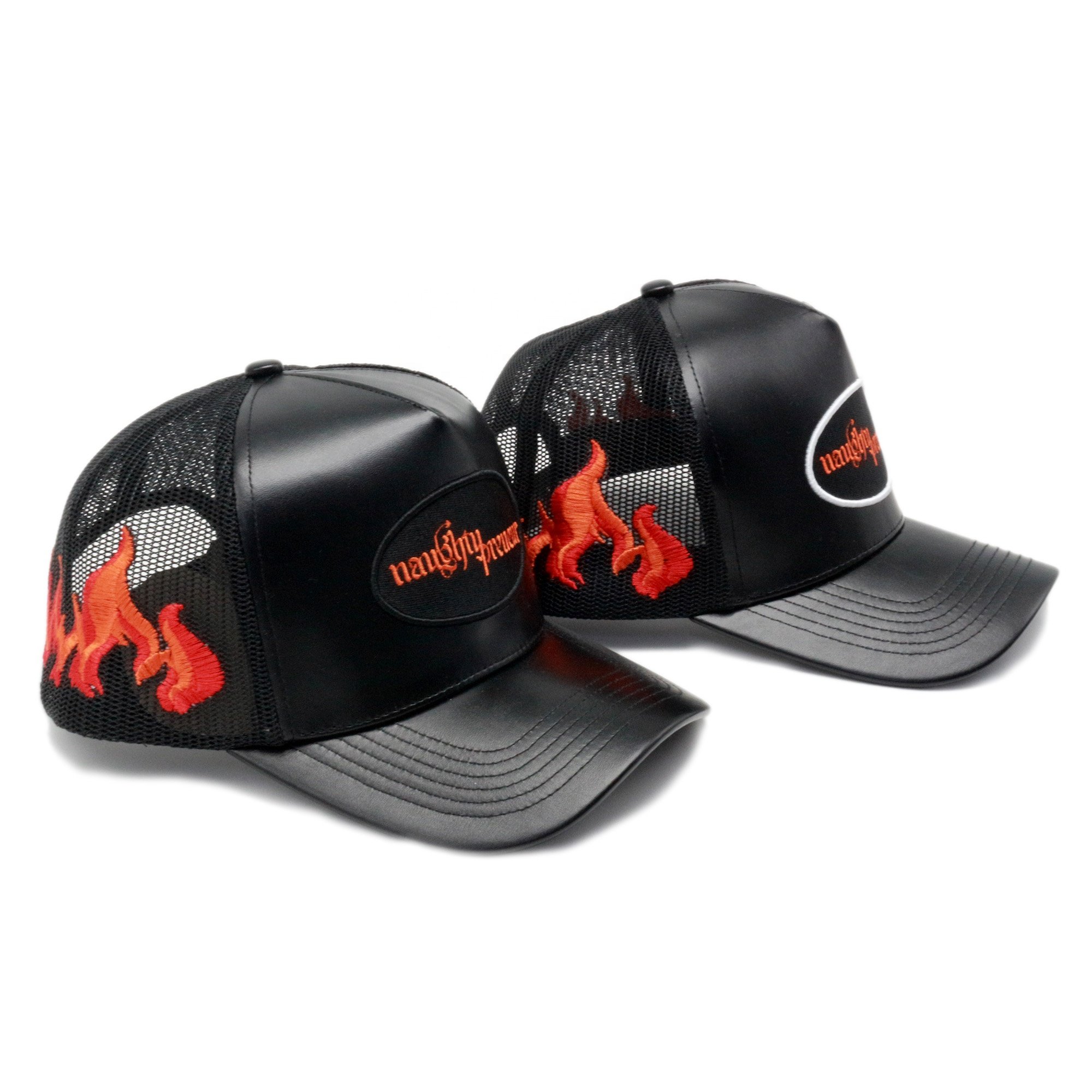popular Small batch customization of unisex Pu leather mesh cap trucker hat cap with flame pattern