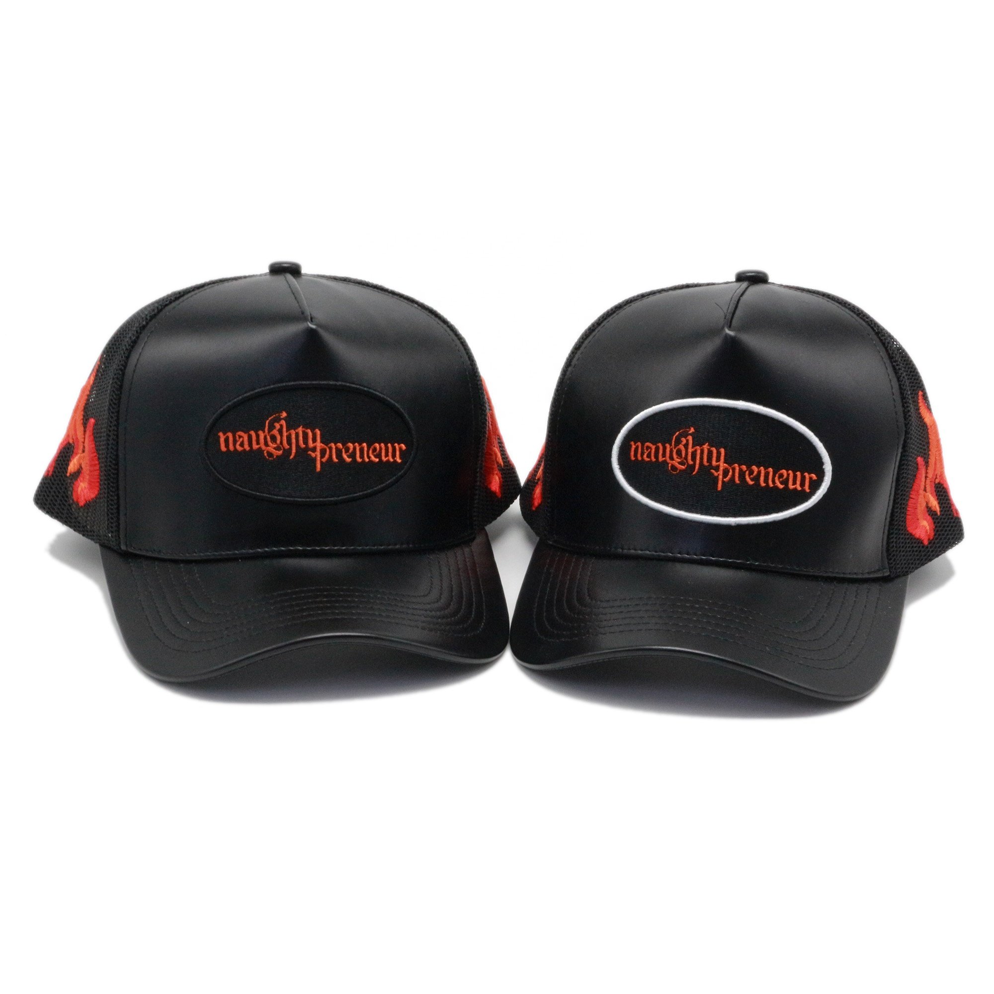 popular Small batch customization of unisex Pu leather mesh cap trucker hat cap with flame pattern