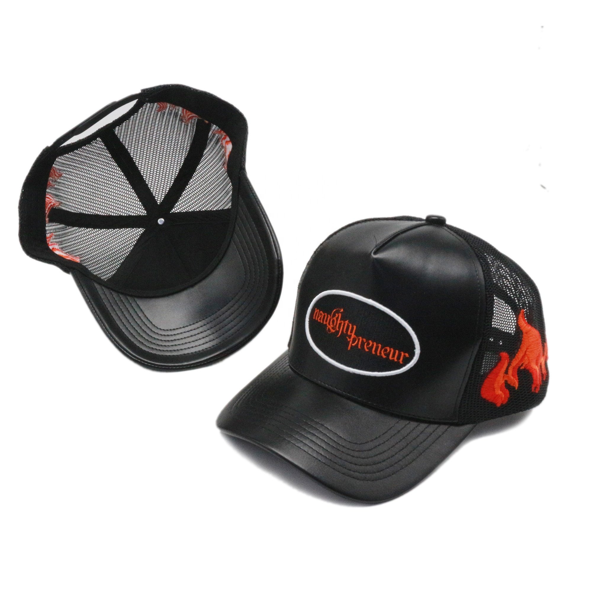 popular Small batch customization of unisex Pu leather mesh cap trucker hat cap with flame pattern