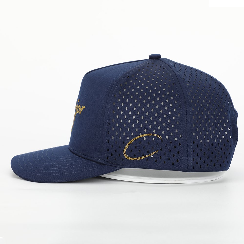 Custom Men 5 Panel Navy Blue Embroidery Logo Perforated Laser Cutting Hole Drilled Baseball Hat,Waterproof Sport Cap