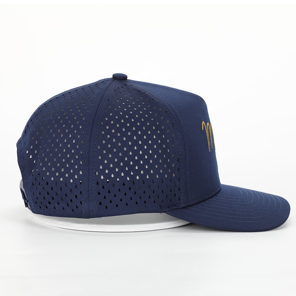 Custom Men 5 Panel Navy Blue Embroidery Logo Perforated Laser Cutting Hole Drilled Baseball Hat,Waterproof Sport Cap