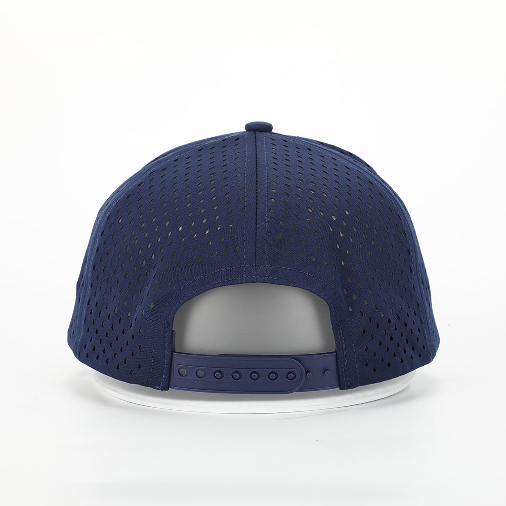 Custom Men 5 Panel Navy Blue Embroidery Logo Perforated Laser Cutting Hole Drilled Baseball Hat,Waterproof Sport Cap
