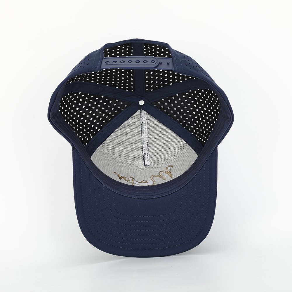 Custom Men 5 Panel Navy Blue Embroidery Logo Perforated Laser Cutting Hole Drilled Baseball Hat,Waterproof Sport Cap