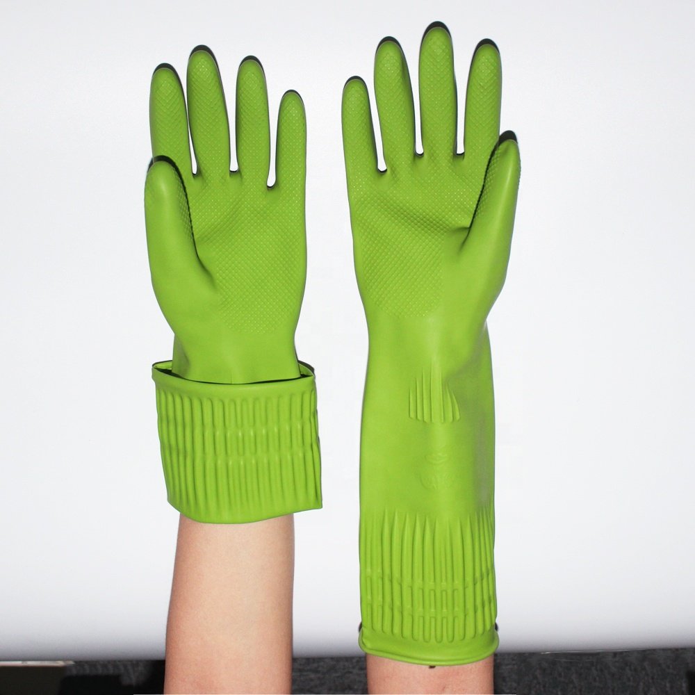 Guantes de latex para el hogar, manoplas de latex de alta calidad con puno largo verde para Cocina
