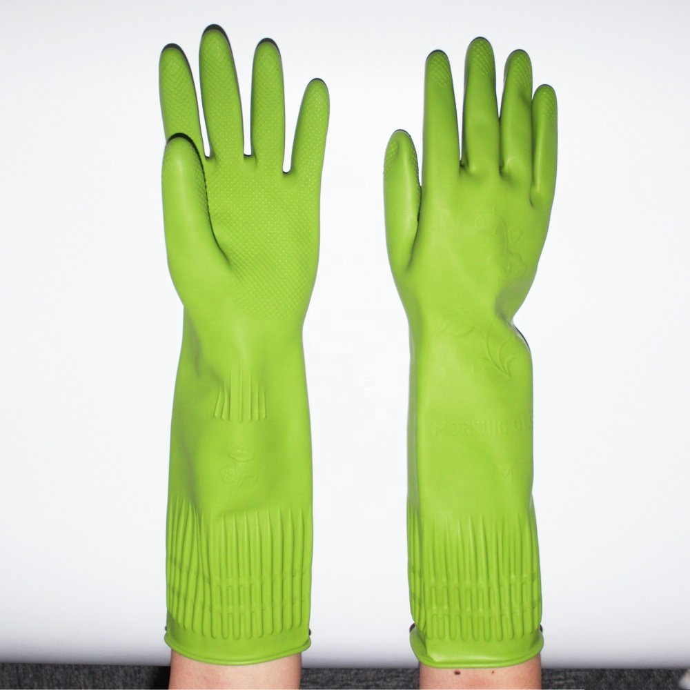 Guantes de latex para el hogar, manoplas de latex de alta calidad con puno largo verde para Cocina