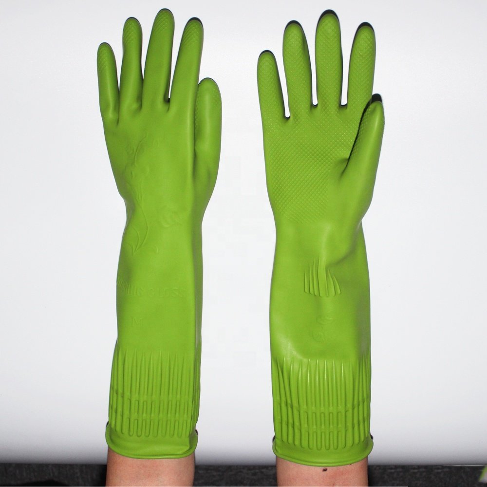 Guantes de latex para el hogar, manoplas de latex de alta calidad con puno largo verde para Cocina