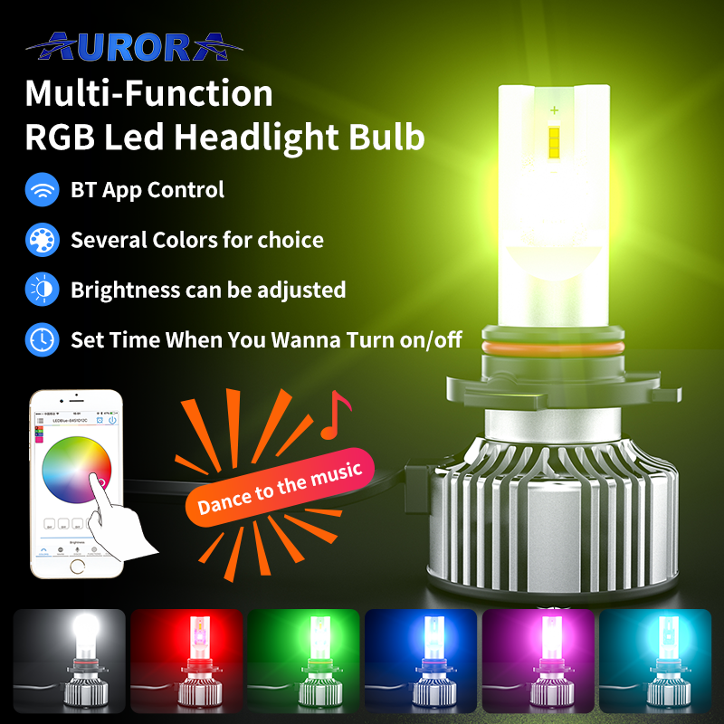 Aurora RGB Led Car Headlight App Control H4 H7 H11 9005 12V 24V Auto LED Car Headlamp Light Bulb