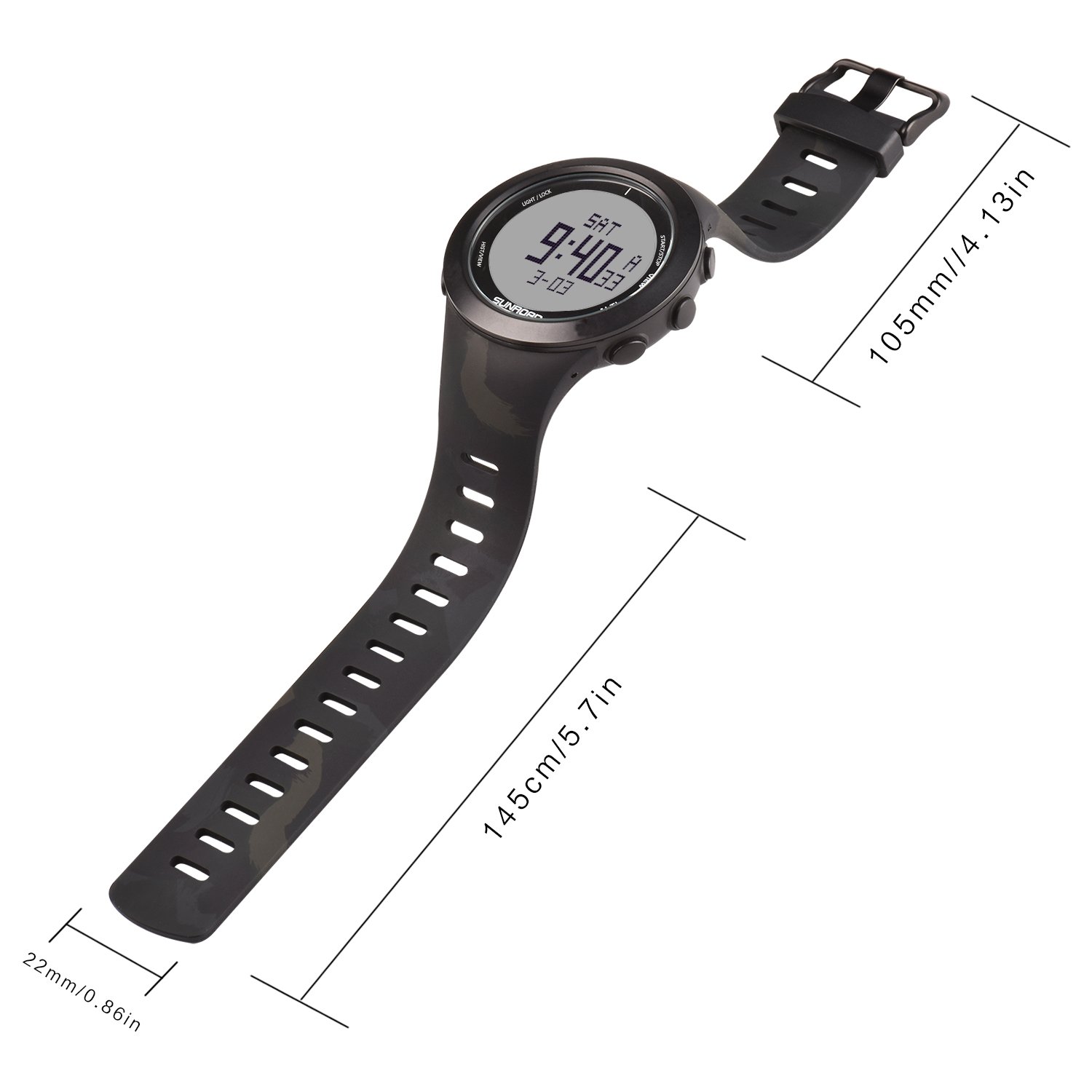 Time / alarm clock / countdown / running watch / temperature / El backlit Watch