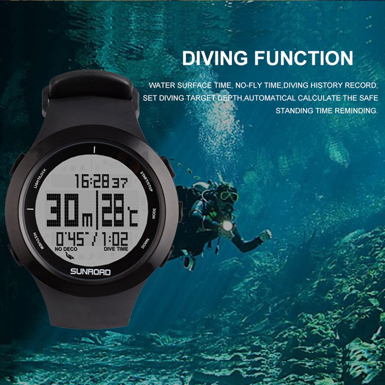 Time / alarm clock / countdown / running watch / temperature / El backlit Watch