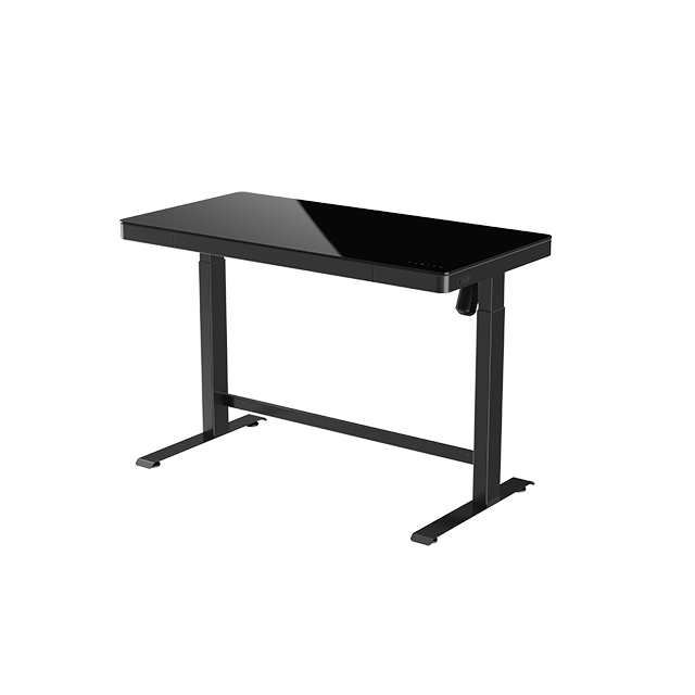 JIECANG tempered glass top electric height adjustable PC sit stand desk table with drawers
