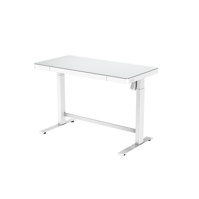 JIECANG tempered glass top electric height adjustable PC sit stand desk table with drawers