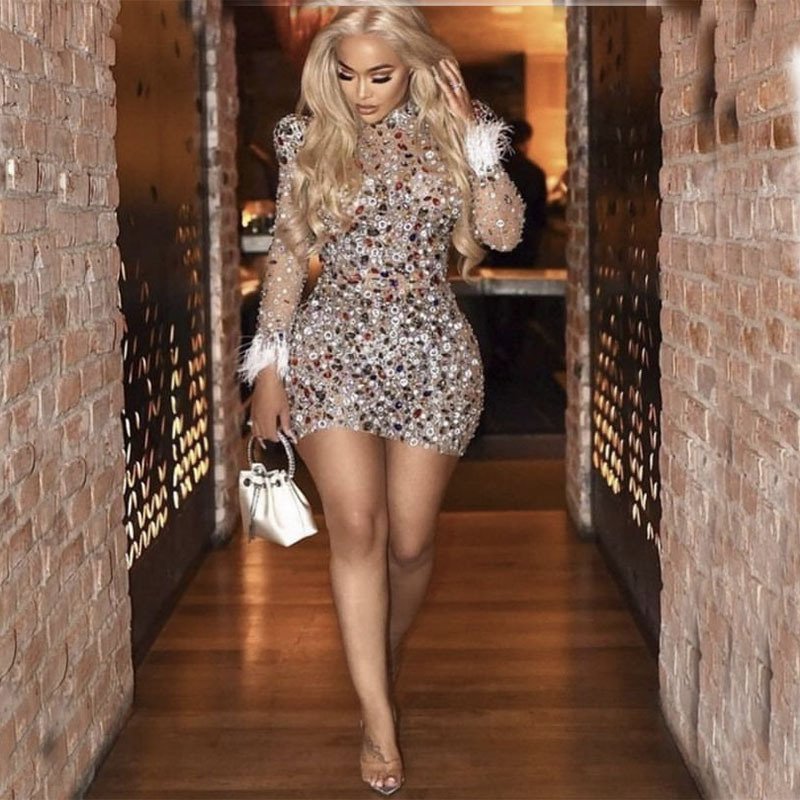 2023 Fashion Women Mesh Crystals Sexy Short Dress Ladies Evening Party Bodycon Rhinestones Costume Birthday Wear Mini Dresses